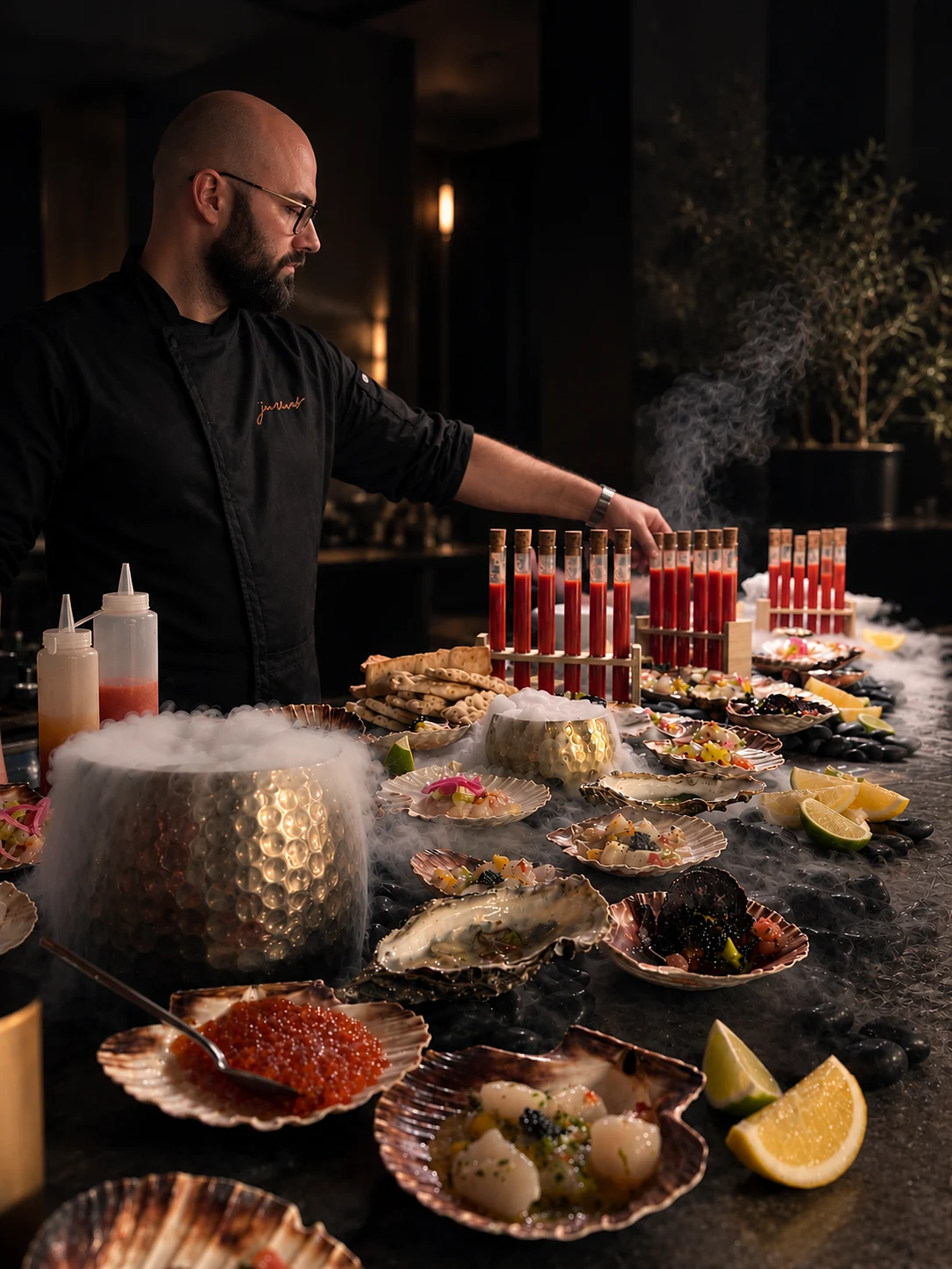 Jausmas chef at a seafood table of scallops and oysters on stones in liquid-nitrogen fog